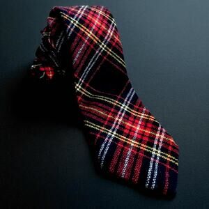 Vintage Bamberger’s Red Black + Yellow Tartan Plaid Wool Tie Short 55.5” Length
